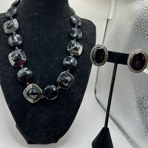 Chic Black and Sterling Silver Necklace and Clip Earring Set
